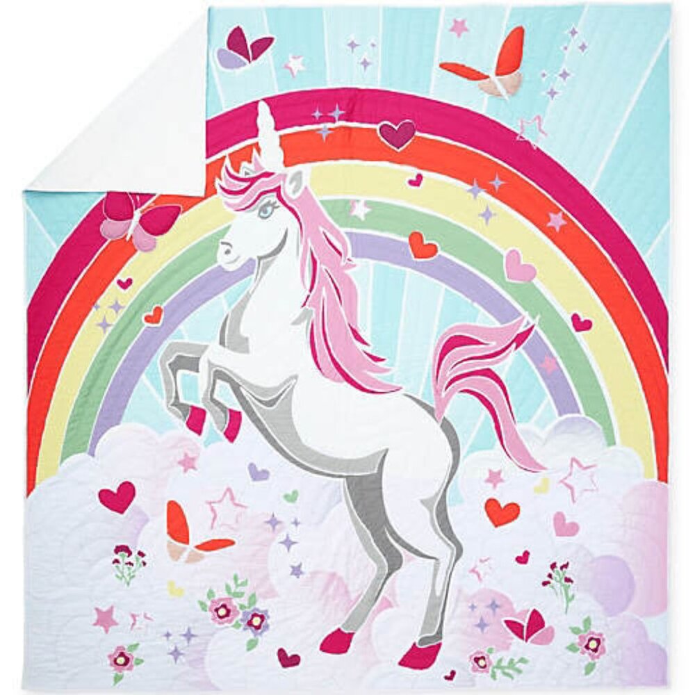 NWOT Lands End Cotton Printed Twin Quilt & Sham - Unicorn & Rainbow